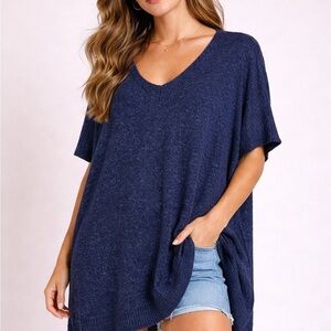 Roots Navy Knit Poncho Sweater | Relaxed V-Neck Oversized